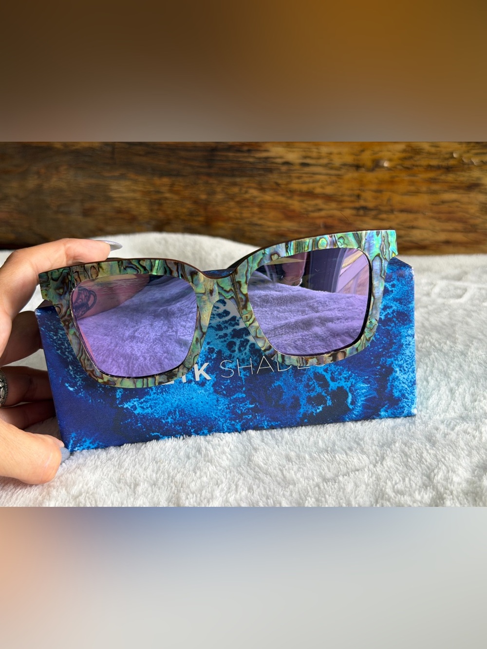 Abalone Pattern Square Sunglasses with Purple Lenses